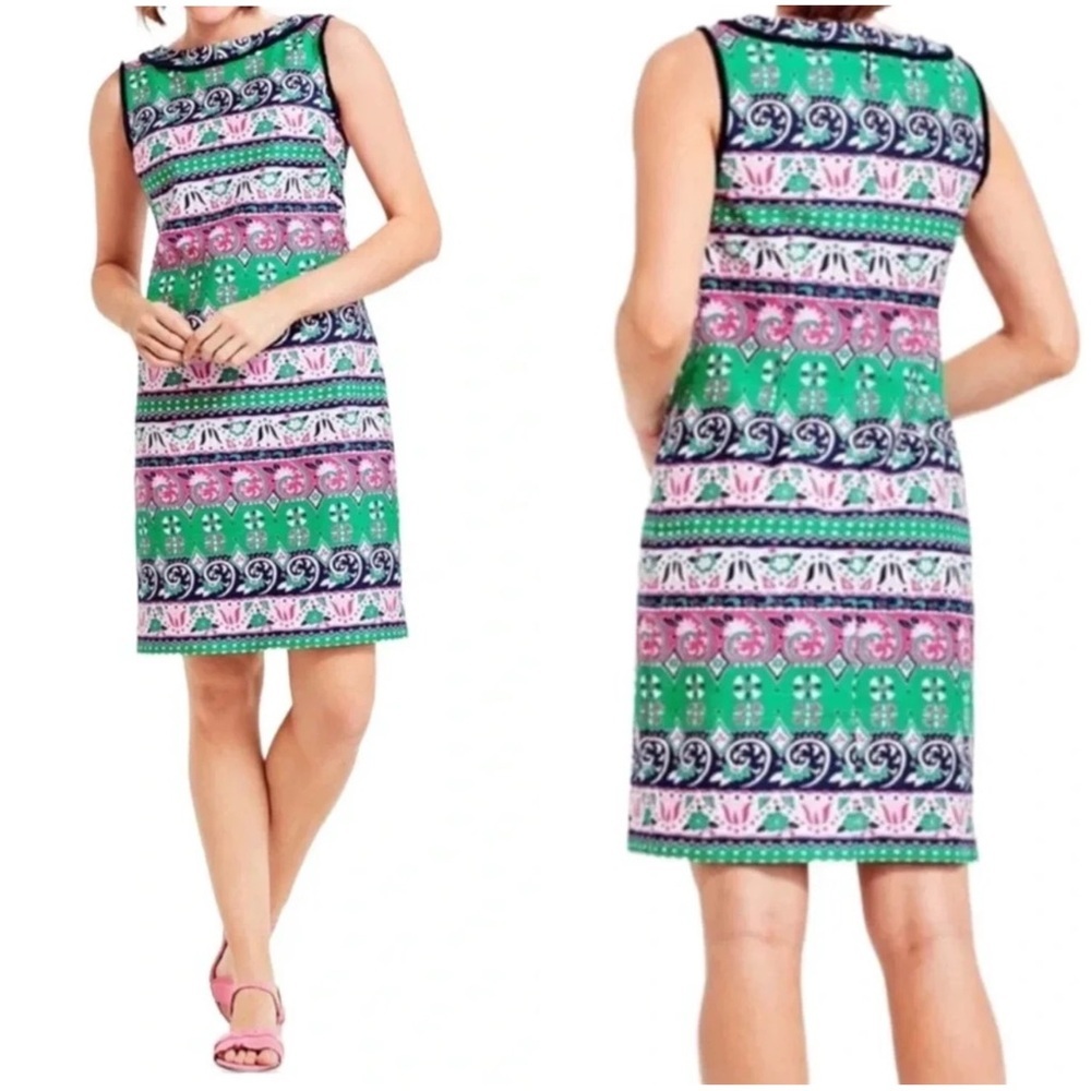Talbots Womens Sleeveless Multicolor Geometric Print Sheath Dress Size 6P Fringe